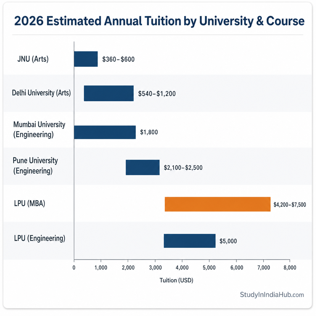StudyInIndiaHub.com — 2026 Estimated Annual Tuition by University & Course