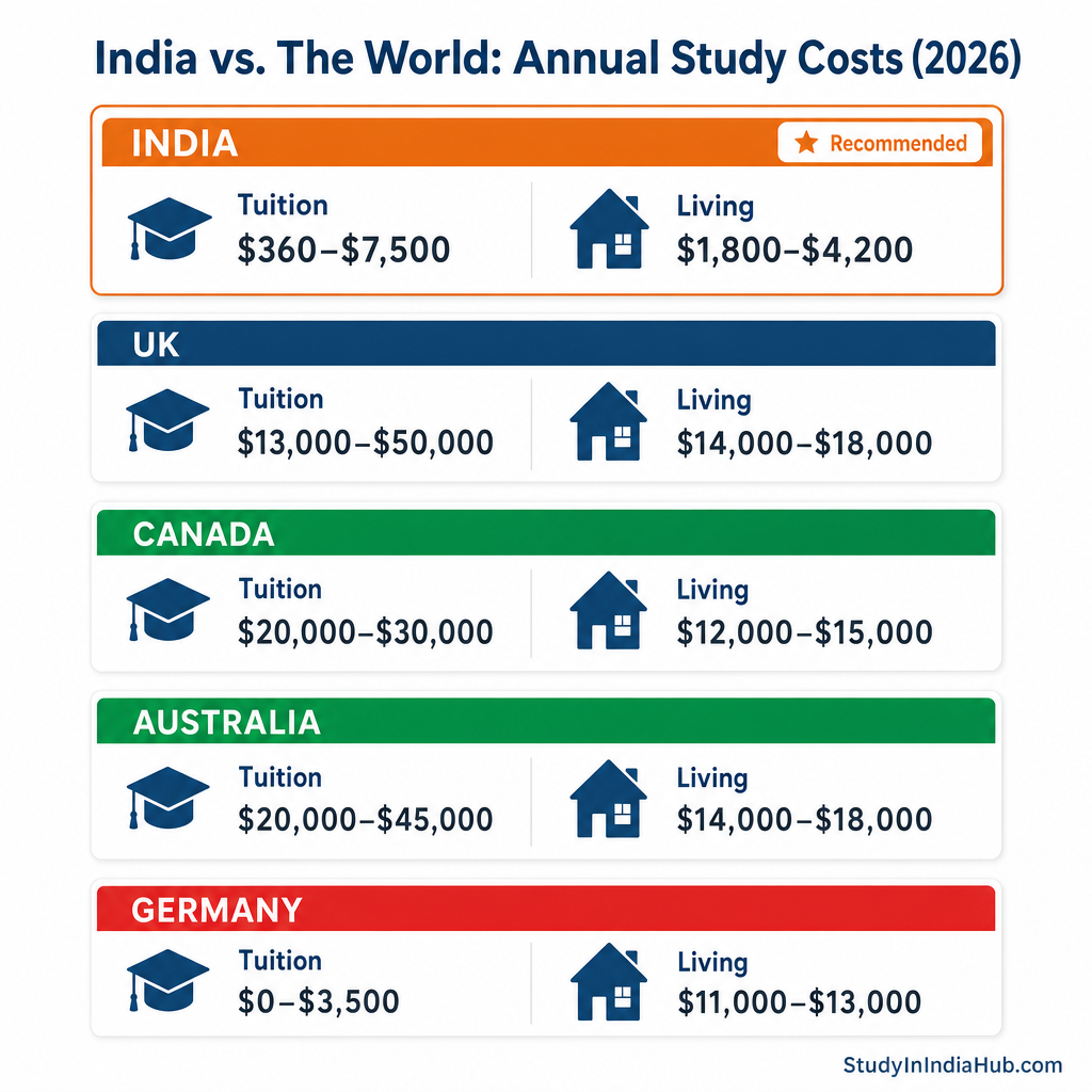 StudyInIndiaHub.com — India vs. The World: Annual Study Costs (2026)