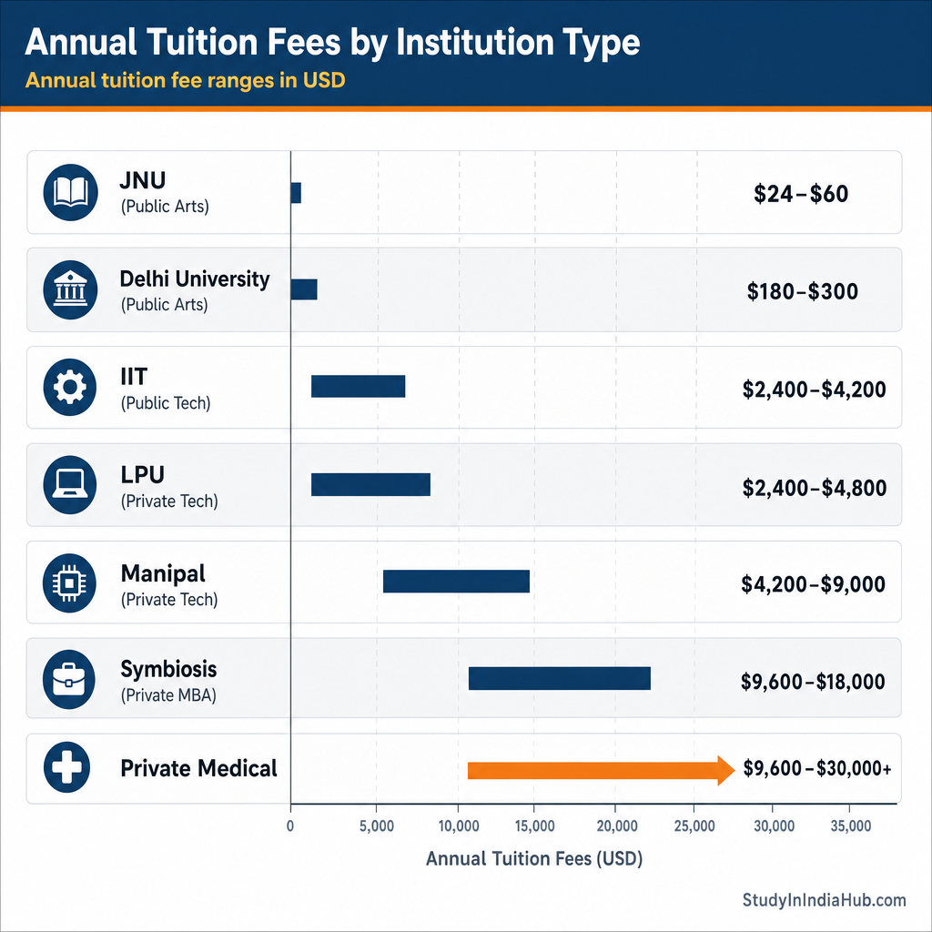 StudyInIndiaHub.com — Annual Tuition Fees by Institution Type