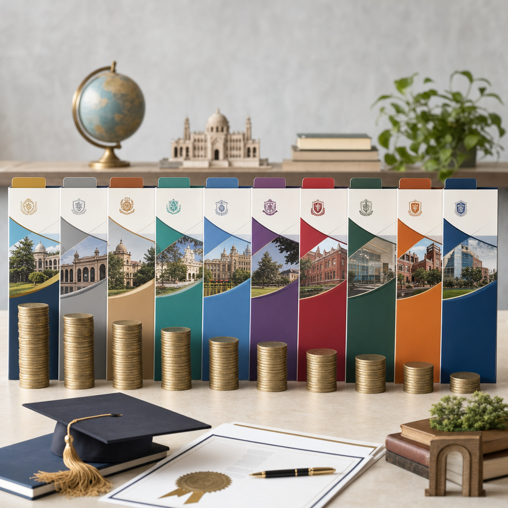 Comparison chart — top 10 universities with NIRF rank, NAAC grade, and fee bands. Alt text: "Top 10 Indian universities for international students by rank and fees"