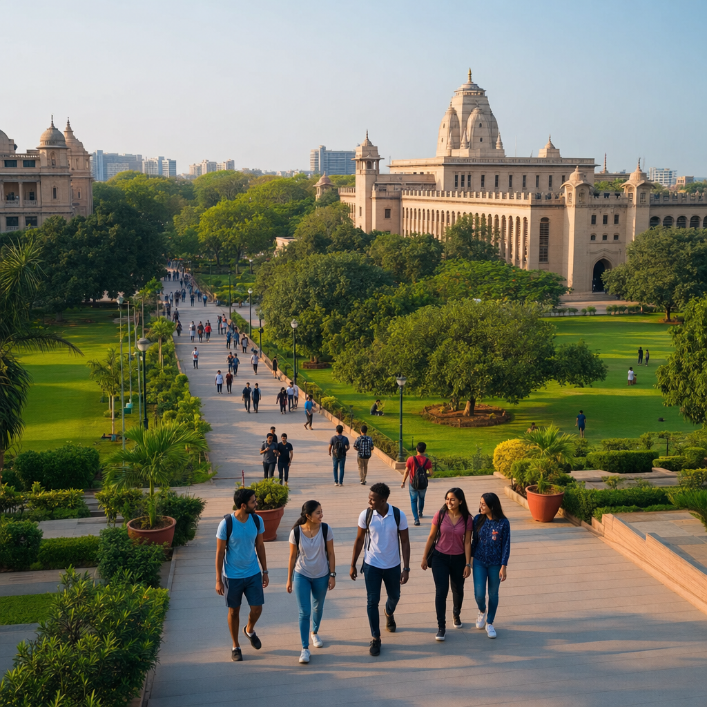 Hero image — aerial campus shot of IIT Bombay or BHU with international students walking. Alt text: "International students on an Indian university campus, 2026"