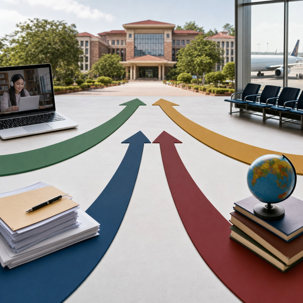 Infographic — four application pathways (SII, DASA, ICCR, Direct) with arrows to an Indian campus. Alt text: "Four application routes for foreign students to Indian universities"