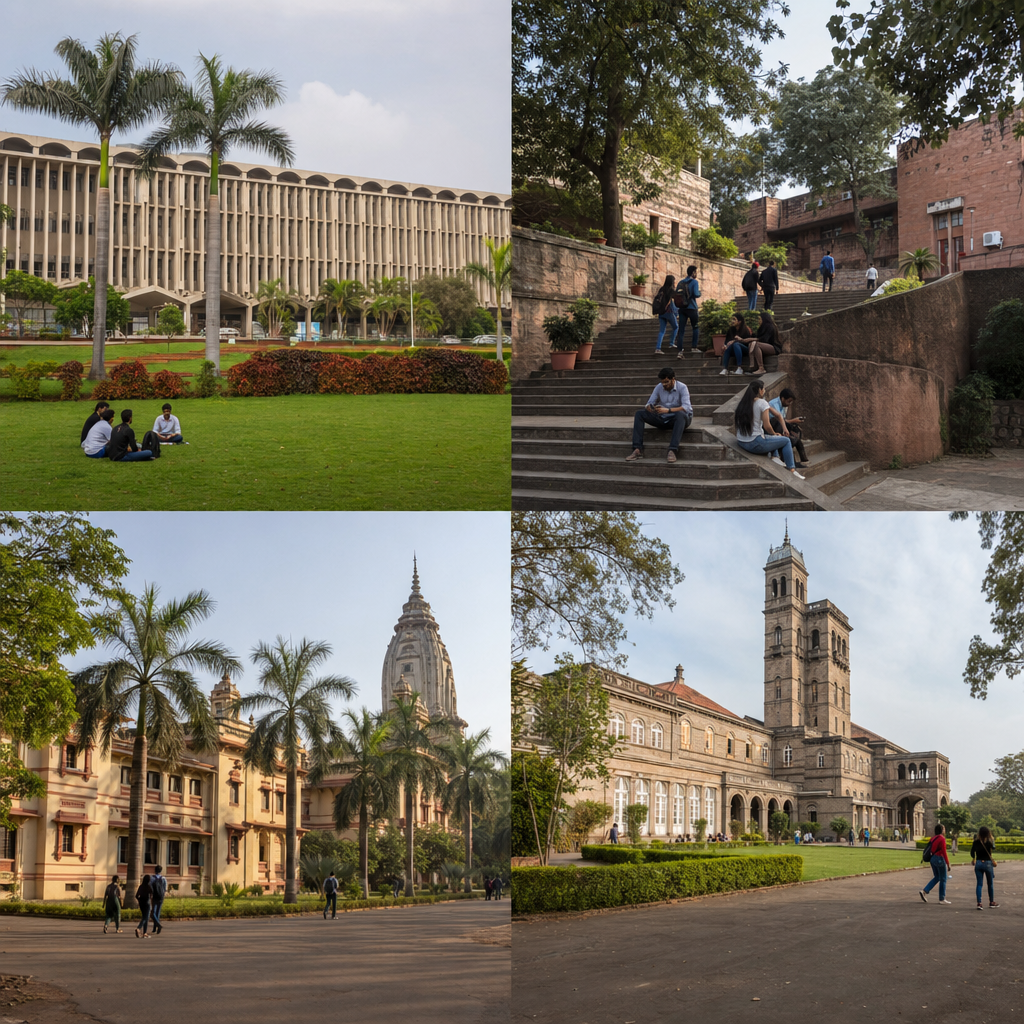 Side-by-side photo grid of IIT Bombay, JNU, BHU, and SPPU campuses. Alt text: "Top four Indian universities for international students"