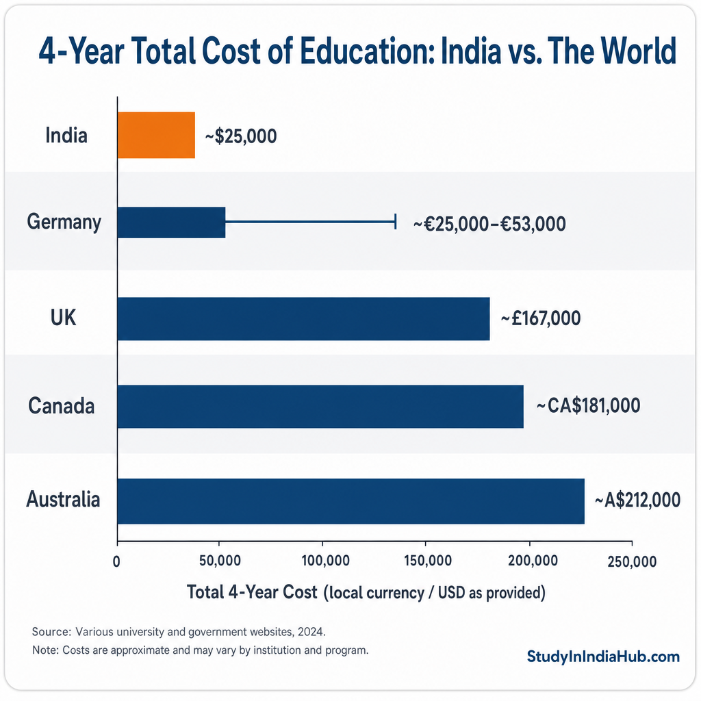 StudyInIndiaHub.com — 4-Year Total Cost of Education: India vs. The World