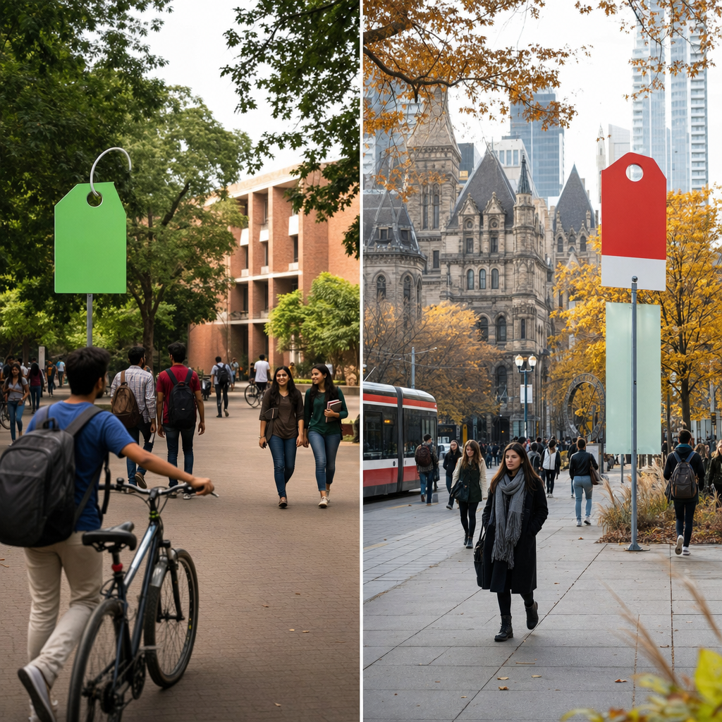 Side-by-side photo grid — Indian university campus vs Toronto campus, with cost callouts
