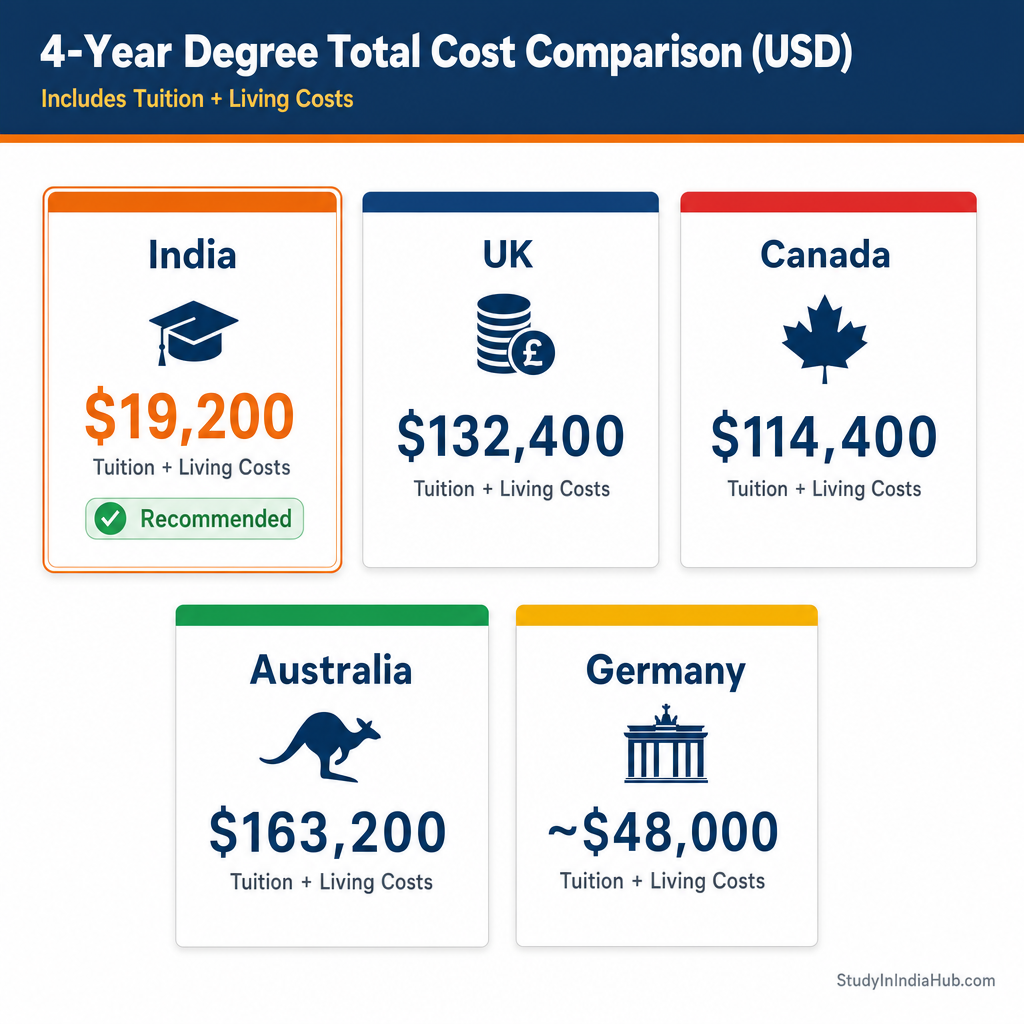 StudyInIndiaHub.com — 4-Year Degree Total Cost Comparison (USD)