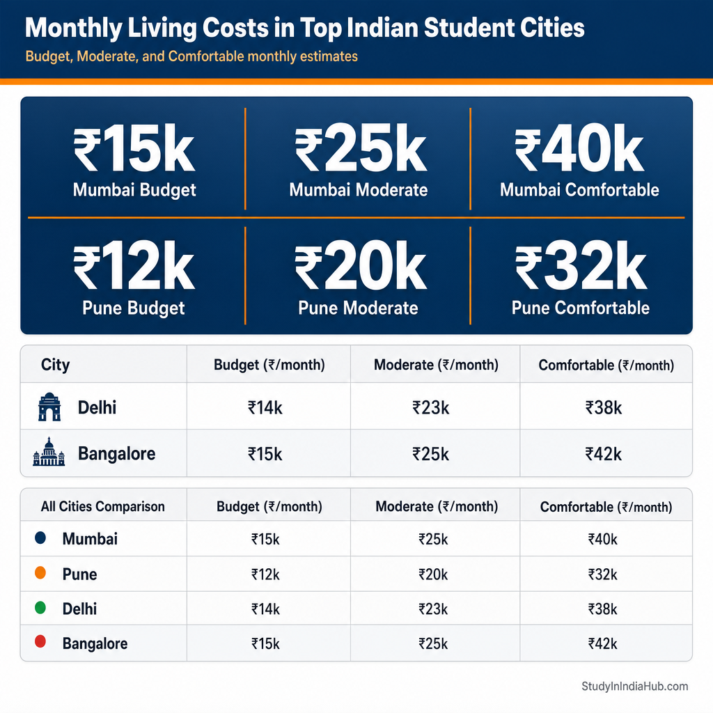 StudyInIndiaHub.com — Monthly Living Costs in Top Indian Student Cities