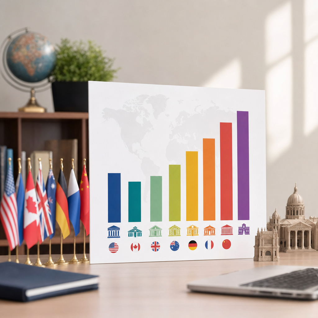 Bar chart of annual tuition by country with example institutions labeled